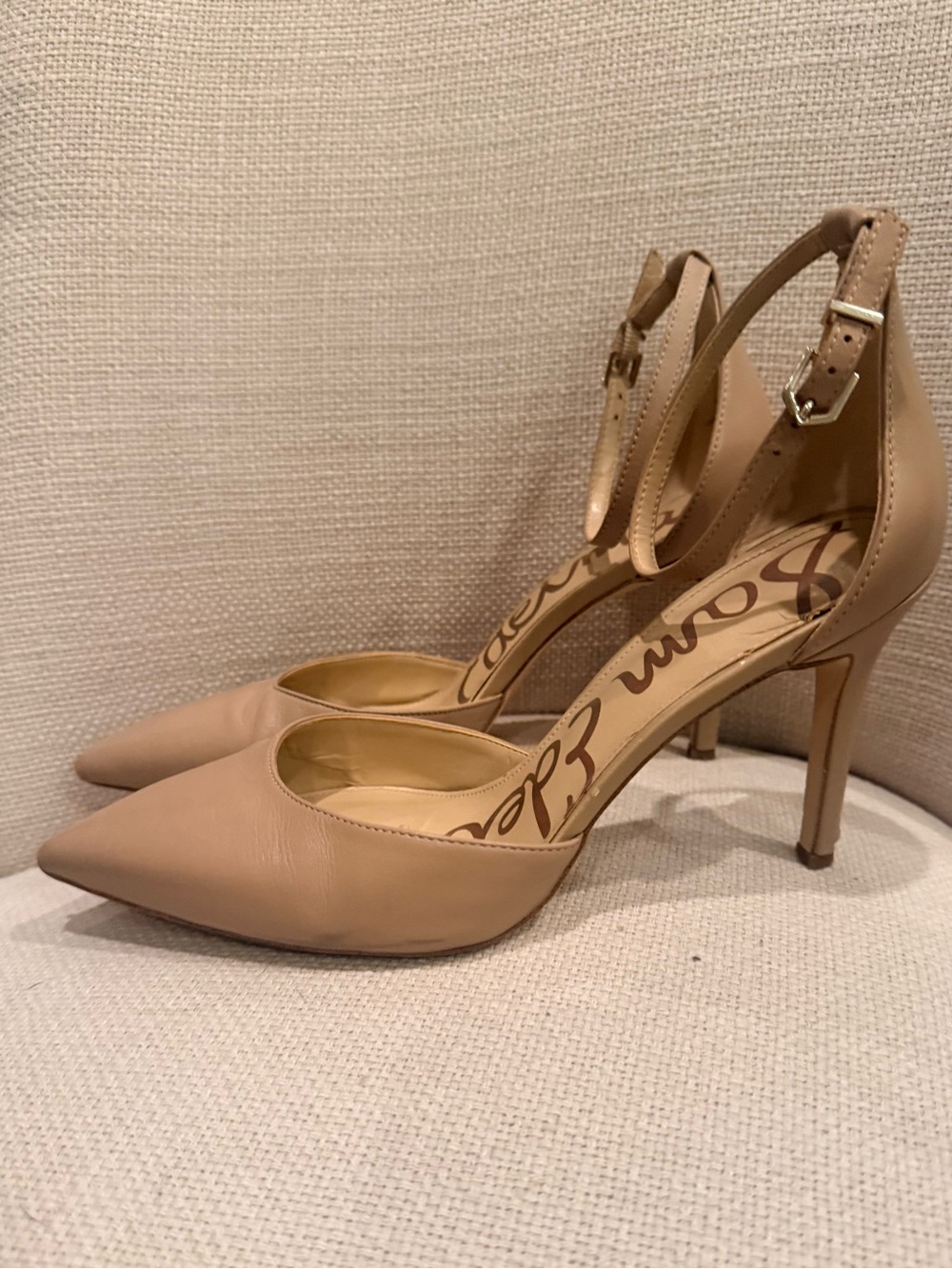 Sam Edelman Women's Nude Ankle-Strap Pointed-Toe Heels, size 9